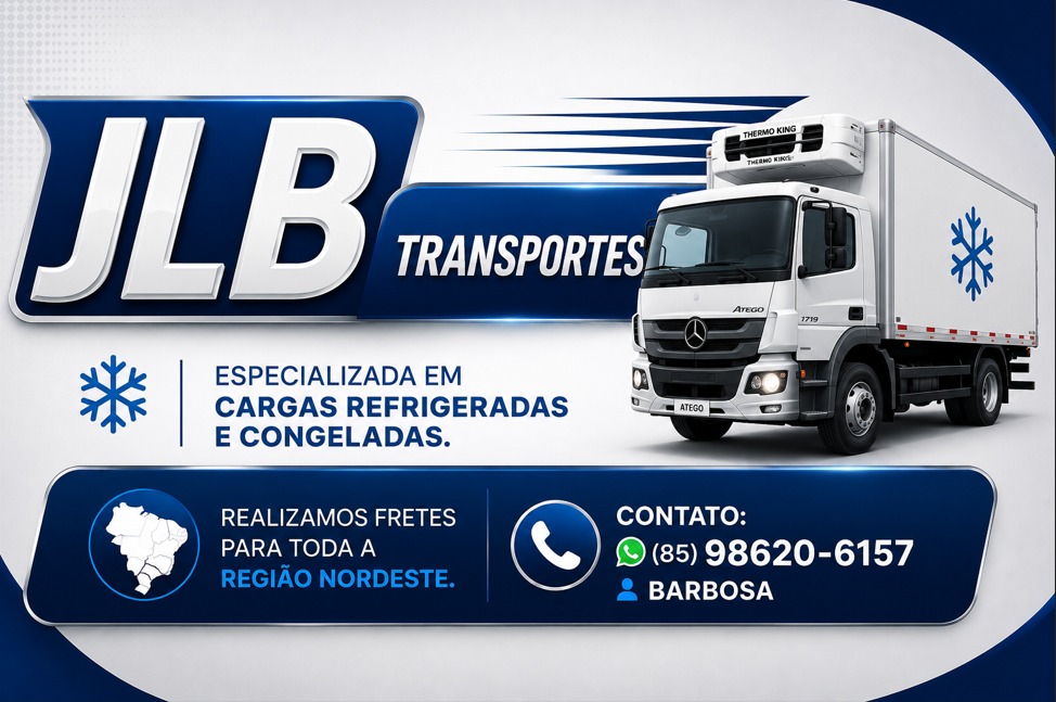 Flyer da JLB Transportes com caminhão refrigerado e logo azul